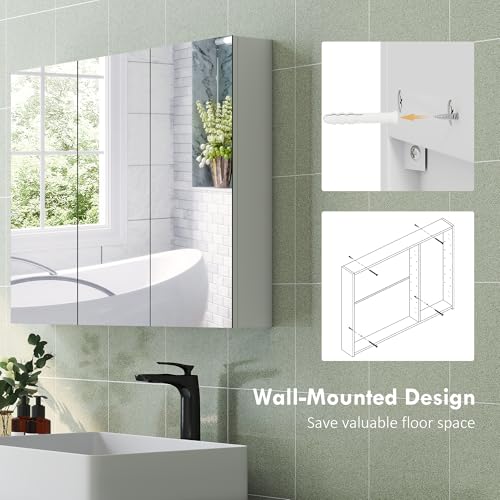HOMCOM Bathroom Mirror Cabinet Wall Mounted, 3-Door Storage Unit, Modern Bathroom Wall Cabinet with Mirror and 4 Adjustable Shelves, 91.5 x 11.5 x 65 cm, White - Cosy Home Interiors HOMCOM Bathroom Mirror Cabinet Wall Mounted, 3-Door Storage Unit, Modern Bathroom Wall Cabinet with Mirror and 4 Adjustable Shelves, 91.5 x 11.5 x 65 cm, White - Image 7