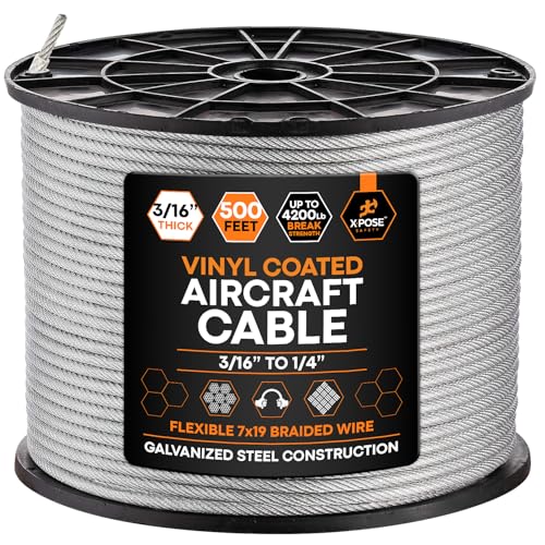 Image of Xpose Safety 7x7 Vinyl-Coated Galvanized Steel Aircraft Cable - 500 ft Wire for Pulley Systems, Winches, Marine & Boat Wire, Deck Railing, Cable Railing, Fencing, DIY Projects