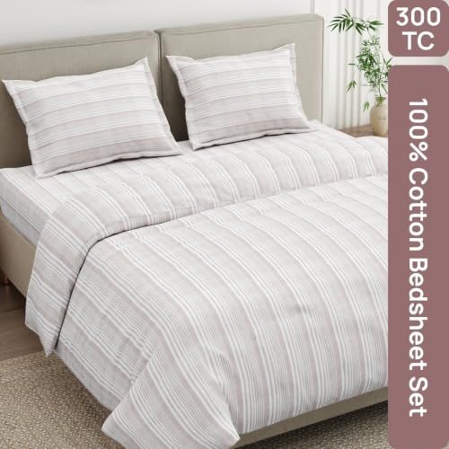 Image of Haus & Kinder Bedsheet for Double Bed | Queen Size Bed Sheet with 2 Pillow Covers 90 Inch x 100 Inch | 300 TC Pure Cotton Bed Sheet Double Bed | Verde Luxe Grey & White