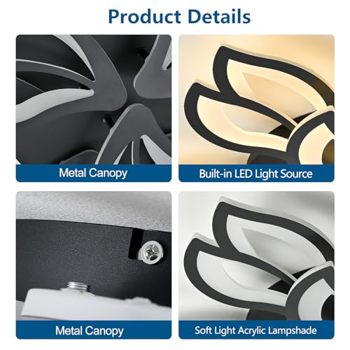HuixuTe 28" Black Modern Flower Dimmable Ceiling Light Fixture, 9 Leaves Low Profile Flush Mount Ceiling Light for Living Room Dining Room Bedroom - image 6