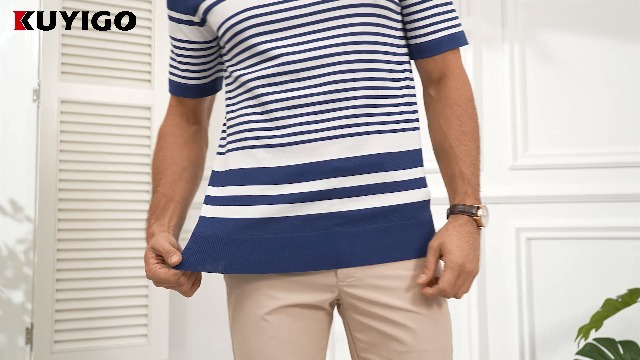 KUYIGO Polo para Hombre con Cuello de Punto, Manga Corta, Cremallera, Rayado miniatura 7