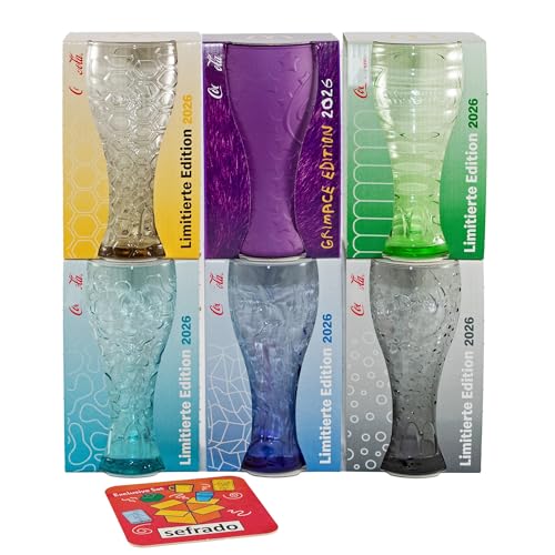 sefrado Bundle 6er Set Cola Glas - Sonderglas Grimace Lila - Nachtblau - Grün - Honig - Schwarz - Türkis - McDonalds 2026 - Sammel Gläser - Bunt - mit exclusivem Untersetzer