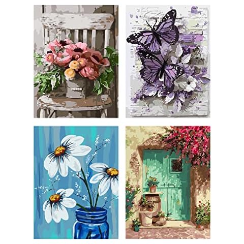 LWZAYS Paint by Numbers for Adults Beginner,4 Pack DIY Adult Paint by Number Kits On Canvas Butterfly Flowers Acrylic Paint,Drawing Paintwork with Paintbrushes Oil Painting Home Decor(11.8x15.8inch) Cover
