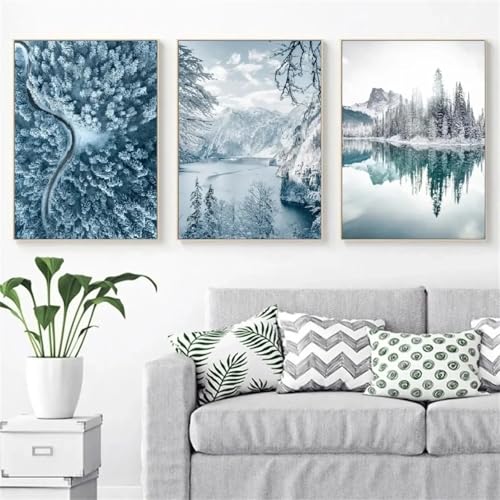 Peinture lac et forêt hivernale décoration murale moderne