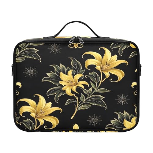 zyrtty Travel Makeup Train Case Yellow Flower Black Pattern Cosmetic Organizer Portable Storage Bag with Adjustable Dividers for Cosmetics Brushes Toiletry Jewelry Digital Accessories
