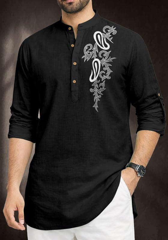 Image of Cotton Blend Self Design Printed Casual Short Kurta for Men Long Sleeve Mandarin Collar Stylish Kurta Shirt for Men