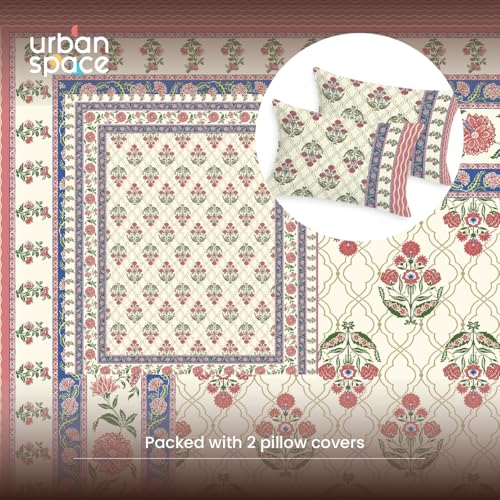 Image of Urban Space 100% Cotton Handcrafted Premium Printed Double Size Bedsheet with 2 Pillow Covers, 240 TC Cotton Double Bedsheet (90 x 100 Inches, Amberjaal Pink)