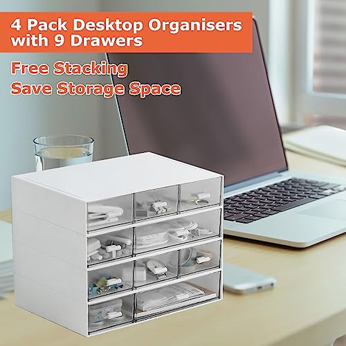 MUXHEL Stapelbarer Schreibtisch-Organizer mit 9 Schubladen, 4-tier Aufbewahrungsbox Kunststoff, Schubladenbox Weiß für Makeup,Schmuck, Bürobedarf, Stifte