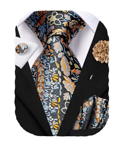 Hi-Tie Silk Ties for Men 4PCS Mens Ties and Flower Lapel Pin Pocket Squares Cufflinks Set Necktie for Wedding Business