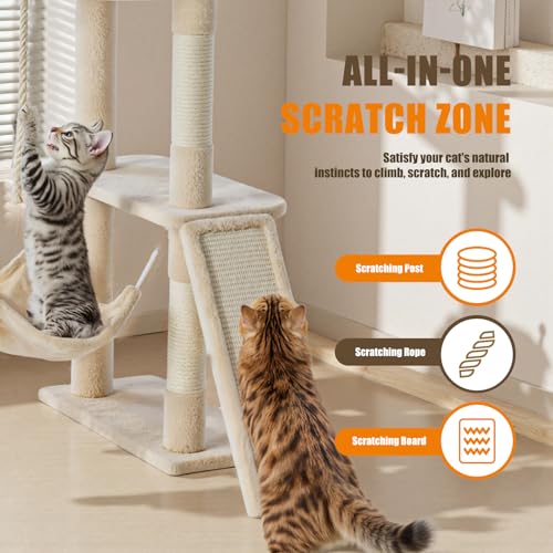 Image of Sweetcrispy 63 inch Cat Tree Tower, Large Multi Level Cat Climbing Tower with Condo, Natural Sisal Scratching Posts, Extended Platform, Hammock, Pet House for Indoor Cats and Kittens Play, Beige