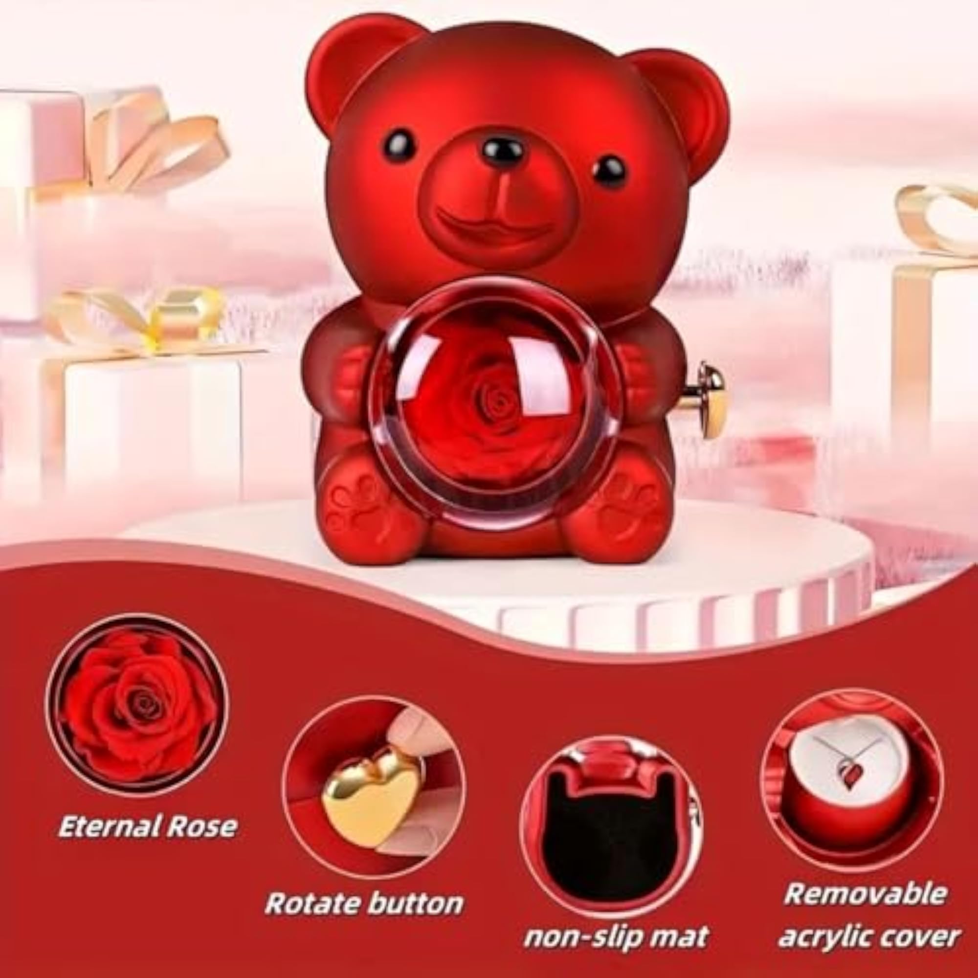 Cute Teddy Shape Ring Box with Rotating Preserved Rose