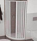 Cabina ducha semicircular con apertura central, lastre en acrílico a fuelle y perfiles de PVC blanco.