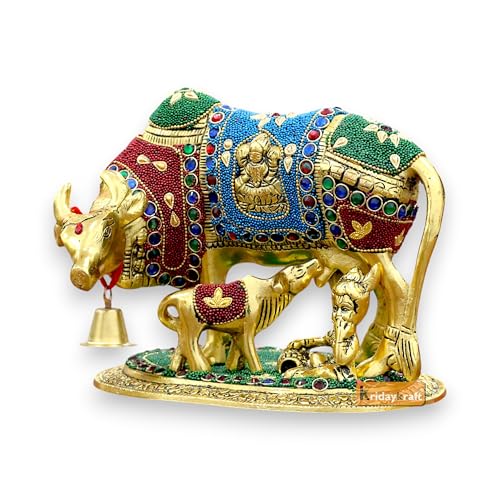 Image of KridayKraft Gold Plated Kamdhenu Cow with Calf Metal Statue for Good Luck Feng Shui & Vastu Showpiece As Table Top Religious Idol Gau MATA, 20 cm, 13 cm