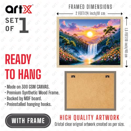 Image of ArtX Rising Sun Painting For Vastu, Big Size Wall Art, Waterfall Painting Vastu, Rising Sun Wall Decor, Multicolor, Nature, 61.0 X 48.0 cm, Canvas, Set of 1