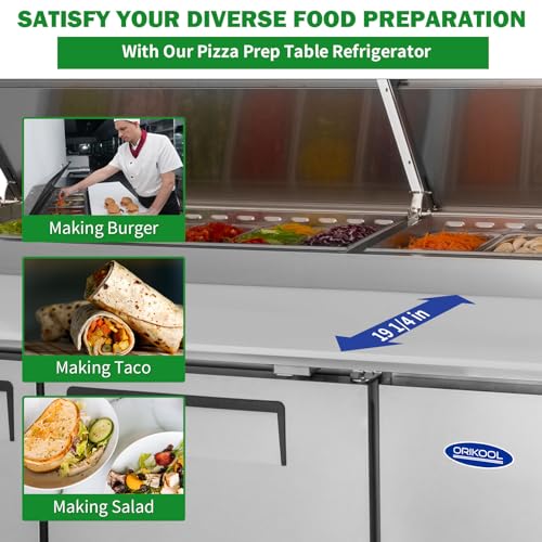 Image of Favfurish Commercial Pizza Prep Table,93 inch Workspace with a Built-in Refrigerator 11 Cu.Ft and Cutting Board and Protection Lid,Cold Storage,ETL Certified,12 Pans Up for Restaurant,Bar,Shop,Silver