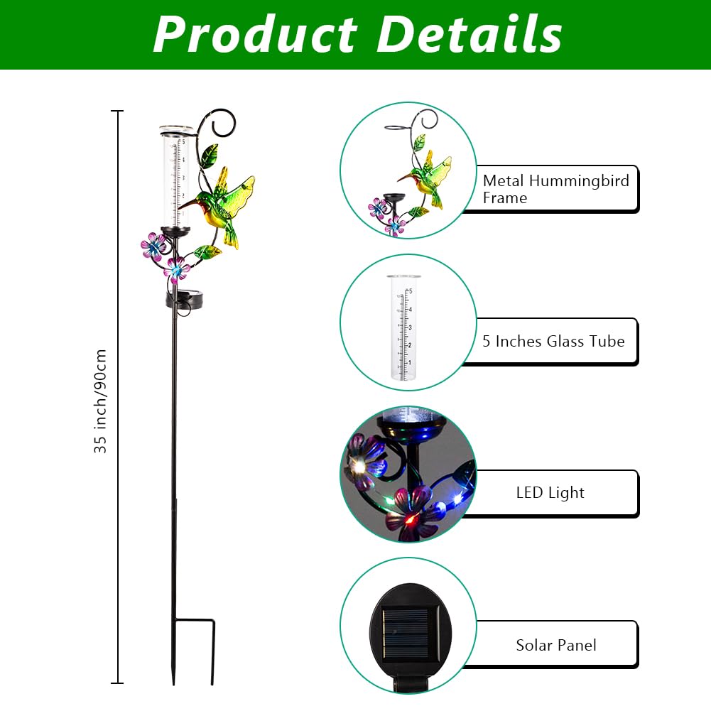 Pluviomètre avec tube en verre de 12,7 cm, jauge de pluie solaire avec lumières LED pour terrasse, jardin, cour, mesure des précipitations