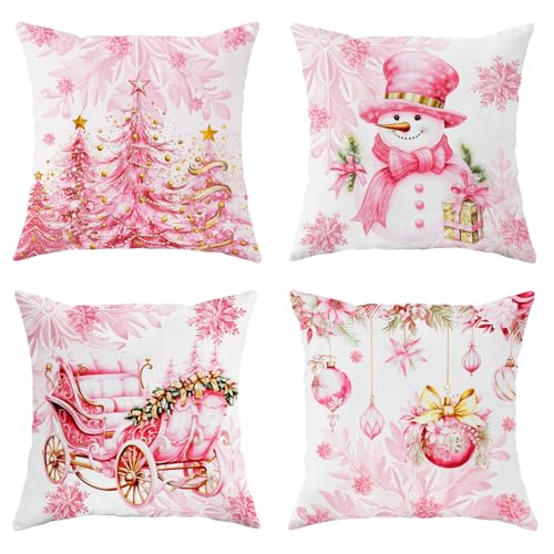 SEGXCFL Christmas Pillow Covers 18x18 Set of 4 Cute Snowman Throw Pillow Covers Velvet Pink Christmas Decor for Home Couch Cushion Sofa Living Room