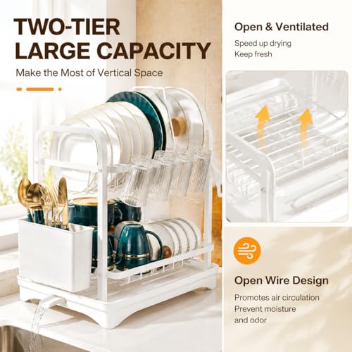 Image of COMFYHOME Dish Drying Rack, 2-Tier Wrought Iron Space-Saving Kitchen Dish Drainer with Cup Holder, Drainboard & Utensil Holders, Rustproof Counter Organizer for Pots, Plates, Cups, Utensils, Bartan
