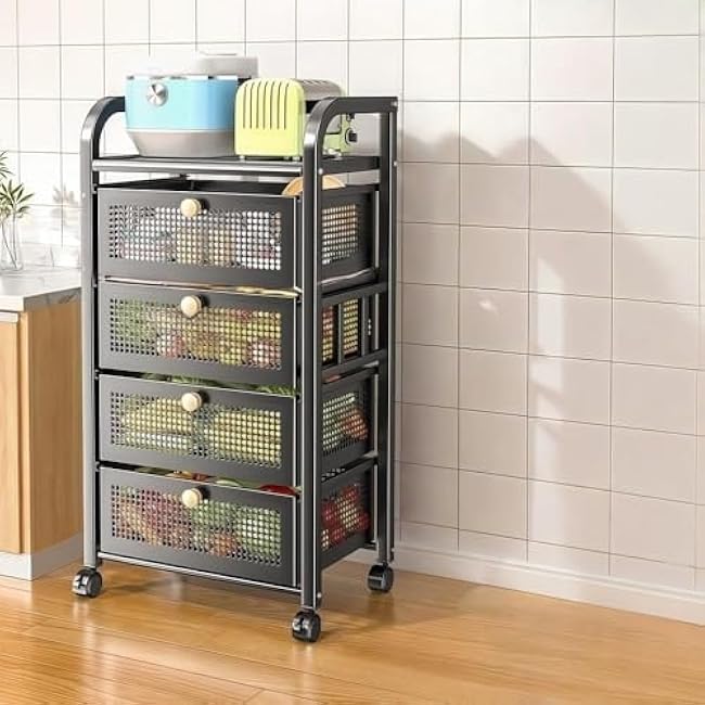 Rolling Kitchen Storage Cart Metal Utility Organizer with Wheels Removable Mesh Baskets Storage Shelves Space Saver(Black,85cm)-U5arcIYc