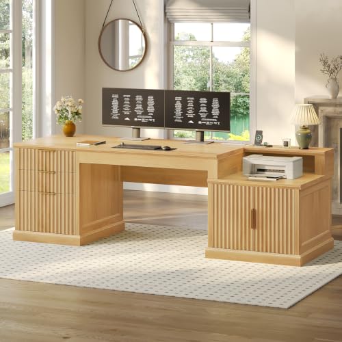 Image of SEDETA 70.9 inch Executive Desk, Fluted Office Desk with Drawers, Fluted Oak
