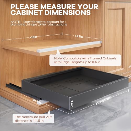 4 Pack Expandable Width (15.15"-26.3") Pull Out Cabinet Organizer 21" Deep with Raising Pad for Framed Cabinets, Upgrade 3 Slide Rails Slide Out Drawers, Roll Out Shelves Adhesive, Black