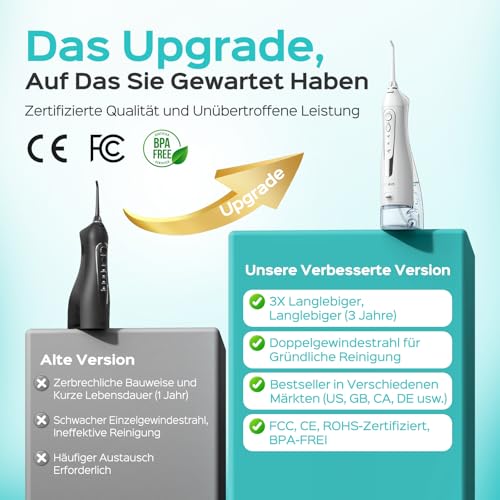 COSLUS Munddusche Kabellos Trragba Elektrische: 300ML WassertankTestsieger 2026 IPX7 Wasserdicht für Oral Health Enthusiasten Tägliche Tiefenreinigung Reinigung auf Reisen 5 Multifunktionale Jet-Tipps
