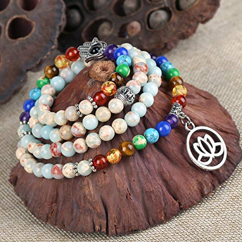 Jovivi 108 Mala Prayer Beads Necklace 6Mm Dyed Imperial Jasper Bracelet 7 Chakras Healing Crystal Stone Stretch Bracelets Yoga Meditation For Stress Relief #TOP2