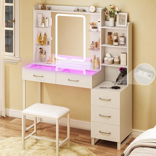 Image of HUAHUU Vanity Desk with Mirror and Lights, 43 inch Makeup Vanity with Glass Top & RGB Ambient Light, Vanity Table Set with 5 Drawers, Power Outlet & Chair for Girls Bedroom, White