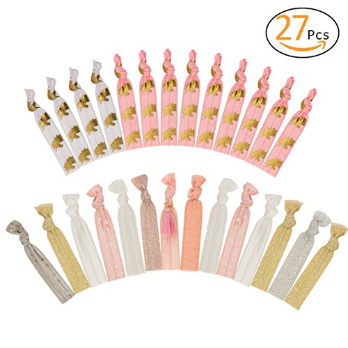Apipi 27 Pieces Multi-color Cute Unicorn Elastic Hair Ties Bands- 5 Pack Elastics Ponytail Holder,Christmas gifts for Girls and Women,Birthday Party Favors