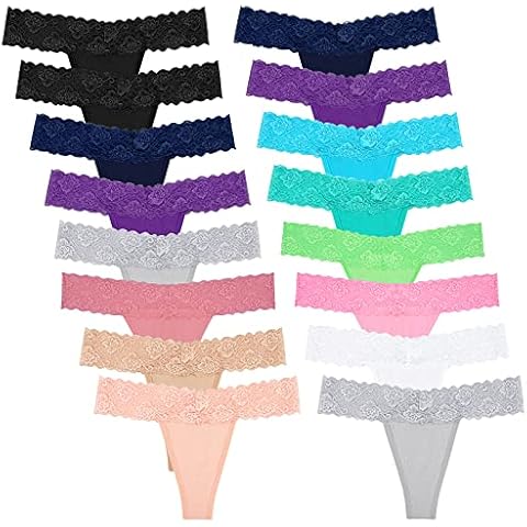 FRAMICS 16 Pack Women's Cotton Lace Thong T Back Low Waist Ice Silk See Through Panties, 16 Pack Multicolor, Medium Cover