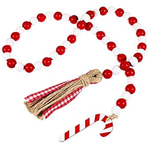 Chuangdi christmas wooden bead garland wreath with tassels 39 ines decorated with candy canes wood bead garland for christmas tree tiered tray decor home farmhouse wall hanging ornamentsred white  urban country home decor
