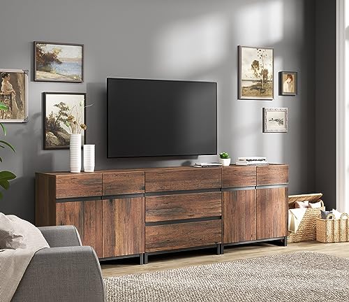 WAMPAT Modern TV Stand for TVs up to 100 inch, 3 in 1 TV Console with Adjustable Shelves and 3 Drawers, Media Console for Living Room,Bedroom,Brown