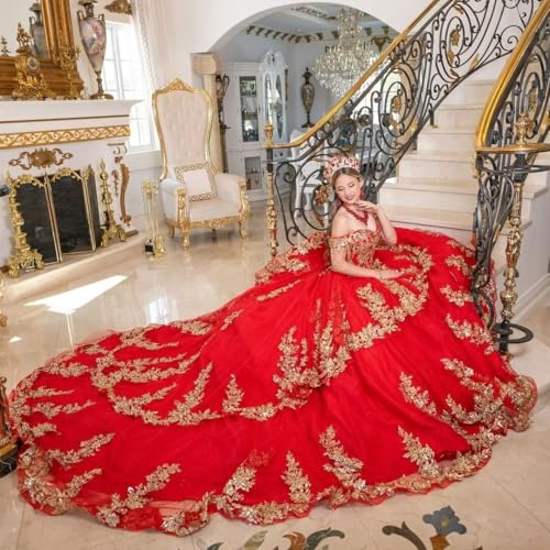 Mauuwy Quinceanera Dresses Long Train Glitter Off Shoulder Tiered XV Dresses Tulle Sweet 16 Dresses Ball Gown with Tassels4