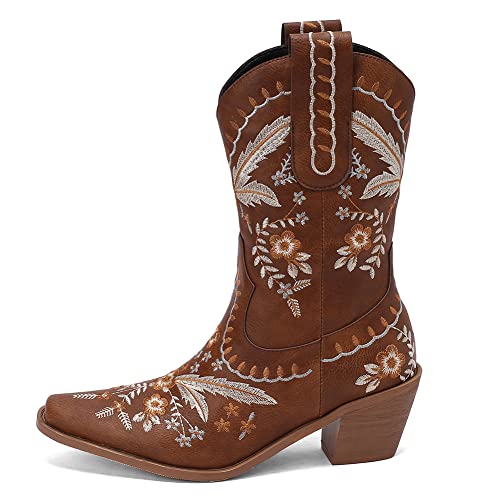 Image of Womens Embroidered Cowgirl Boots Pull On Cowboy Boots for Women Floral Low Chunky Heel Western Boots
