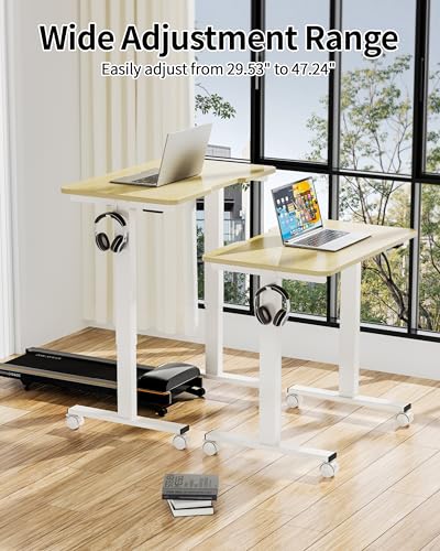 Image of Okin Electric Standing Desk 31.5x19.7 Inches Small Computer Desk-Whole Piece Stand up Desk with Wheels Gaming Rolling Home Office Desks, Oak
