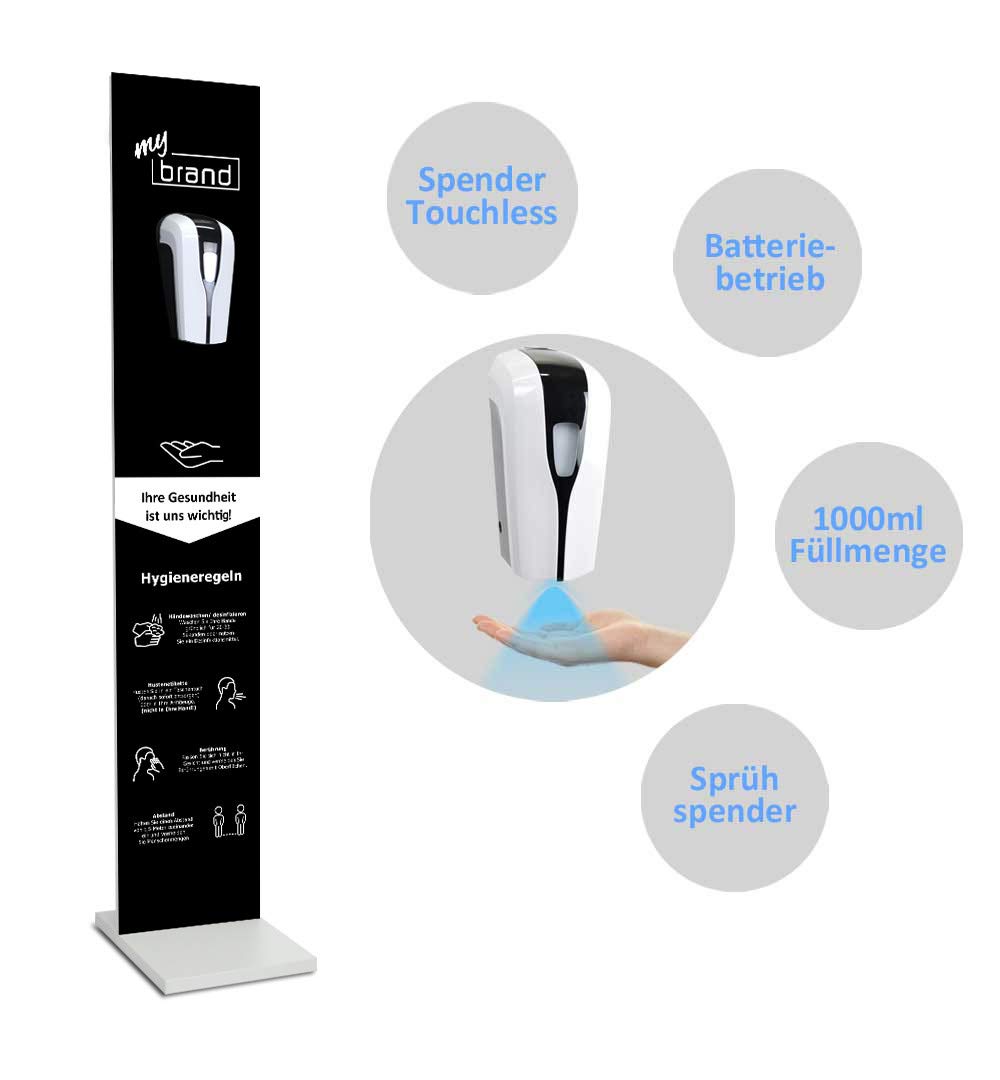 MyMAXXI | Mobiler Hand Desinfektionsständer Wood Printed Logo Sensor 1000ml mit individuellem Logo im Schwarz-Design stehend automatisch Infrarot | touchless Disinfection | Desinfektionsspender
