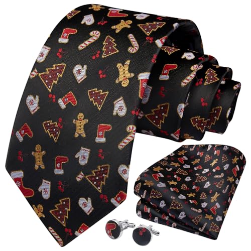 Image of HISDERN Christmas Ties for Men Holiday Tie and Pocket Square Cufflinks Festival Party Xmas Funny Silk Woven Necktie