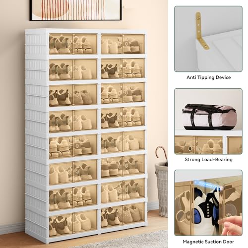 GOOBED 8-Tier Shoe Rack for 32 Pairs, Foldable Shoe Storage Boxes with Magnetic Doors, Easy Assembly Sneaker Organizer for Closet, Entryway, Living Room, Collapsible Shoe Cabinet (White)