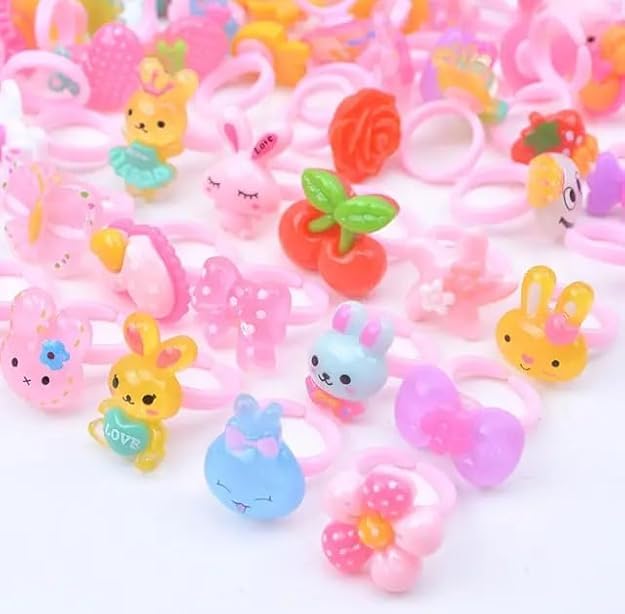 H.O.C HOC Kids Adjustable Rings | Jewellery Rings | Stylish Cute Plastic Cartoon Toy Finger Rings for Toddler Girls and Boys (Random Designs) Pack Of 12