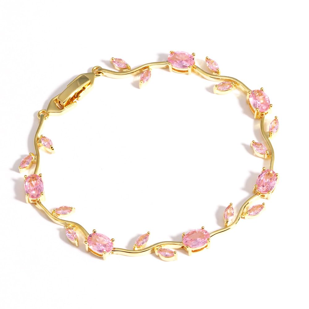 Tulip Flower Bracelet for Women 14K Gold Plated Stainless Steel with Colorful Zircon Stones Dainty Floral Jewelry Gift for Her,Mothers Day gift Pink Gold