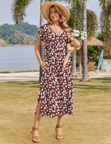 Image of Zeagoo Women Summer Floral Dress Short Sleeve Beach Dress with Pockets Casual V-Neck Split Long T-Shirt Dress Travel Vacation