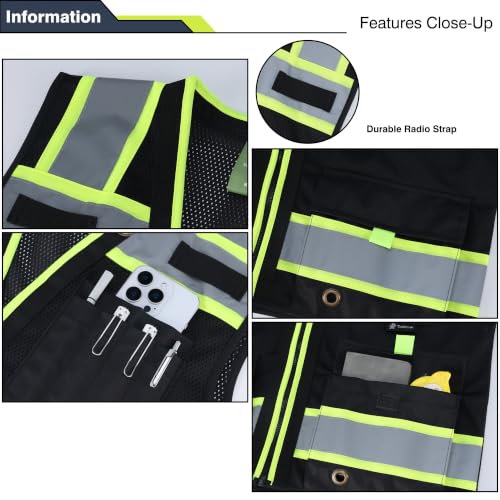 Image of Gasoline Class 2 High Visibility Reflective Safety Vests Women & Men | With 15 Pockets And Zipper Front,Meets Ansi /Isea Standards