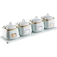 Set of 4 Condiment Jars with Lids, Spoons and Tray, Kitchen Salt Containers Coffee Sugar Bowls Seasoning Jars for Salt, Sugar, Pepper, Coffee, Spice Light Blue, Y2206