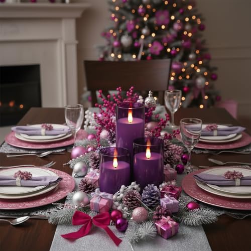 Image of Homemory Purple Flickering Flameless Candles, Battery Operated Acrylic LED Pillar Candles with Remote Control and Timer, Purple Decor, Set of 5