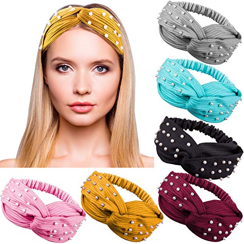 Duufin 6 Pieces Cross Headband with Pearls Boho Headbands Elastic Head Wrap Knit Cross Hair Band for Women and Girls, 6 Colors