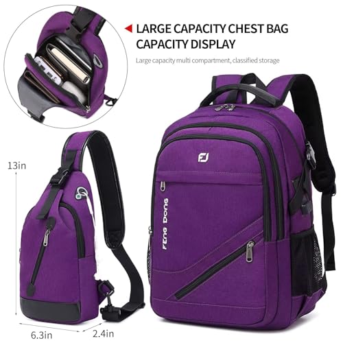FENGDONG Large Laptop Backpack 17.3 inch Waterproof Travel College Backpack Bookbag,Crossbody Sling Bags for Men & Women Business Backpack Dark Purple3