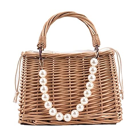 Fashion Straw Bags for Women Beach Rattan Woven Tote Handbags Ladies Summer Top-handle Bags Hobo Purse with Pearl Ornaments (C) Cover