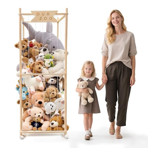 Megapuxin Stuffed Animal Storage Zoo with Wheels, Wooden Large Stuff Animals Plushies Holder Toy Organizer Kids Plush Storage Cage with Elastic Band and Net for Nursery Playroom Corner for Toddler