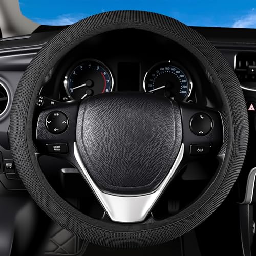 Black Mesh Steering Wheel Cover, Universal 15 inch, Elastic Stretch Microfiber Breathable Ice Silk Cover, Anti-Slip, Odorless, Sweat Absorption, Warm in Winter and Cool in Summer
