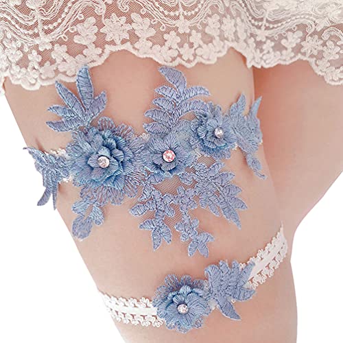 Wedding Garters Set Lace Bridal Garter Stretchy Floral Garter for Bride Blue White2
